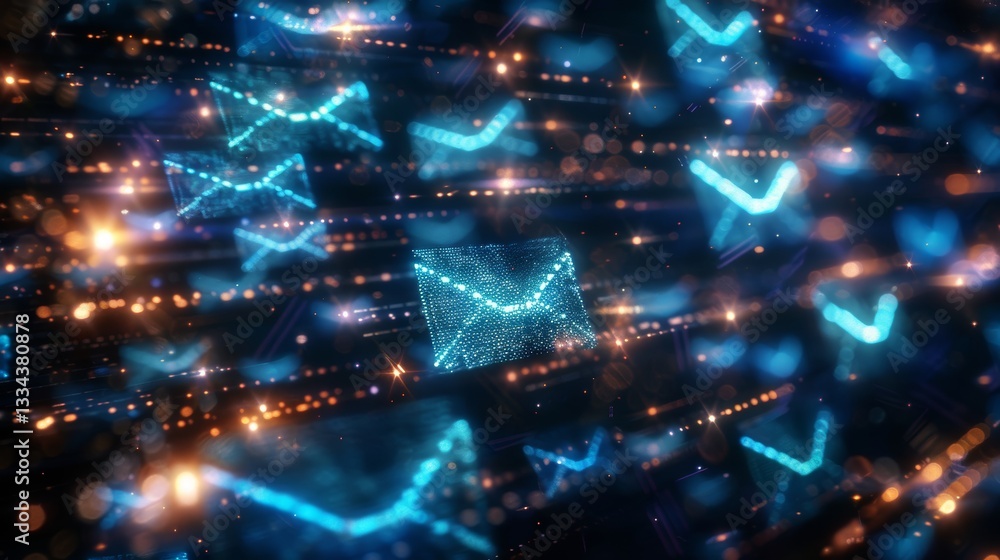 Poster abstract digital network of glowing email envelopes moving through cyberspace, representing electron