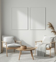 Fototapeta premium Two white framed posters above a coffee table with two chairs and a rug in a minimalist living room