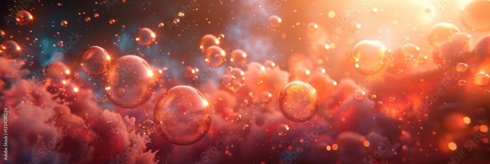 Poster abstract dreamscape featuring floating transparent spheres illuminated with golden light and suspend