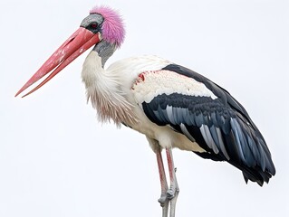 A vibrant painted stork stands majestically against a stark white background showcasing its unique plumage and long beak. © Thatsanee Techakaew