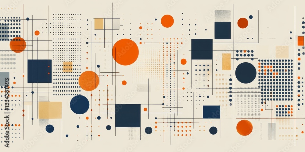 Poster geometric abstract composition featuring circles squares and connecting lines