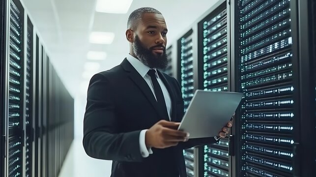 IT specialist examining server room data on tablet.