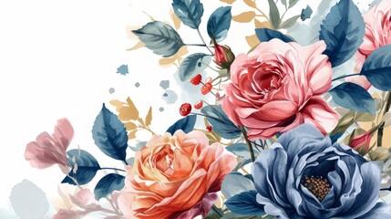Beautiful Watercolor Colorful Bouquet of Flowers with Leaves and Roses