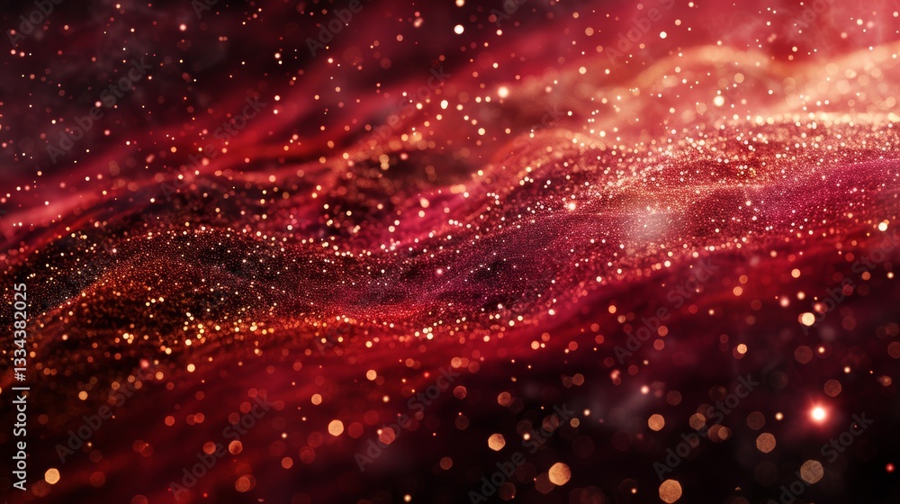 Poster abstract festive red and golden luminous particle wave background with shimmering bokeh lights, idea