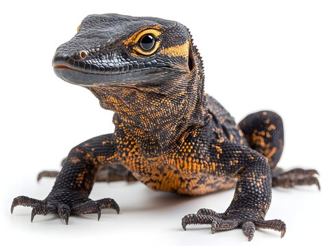 A close-up studio shot reveals a detailed view of a young black and orange lizard against a pure white background.