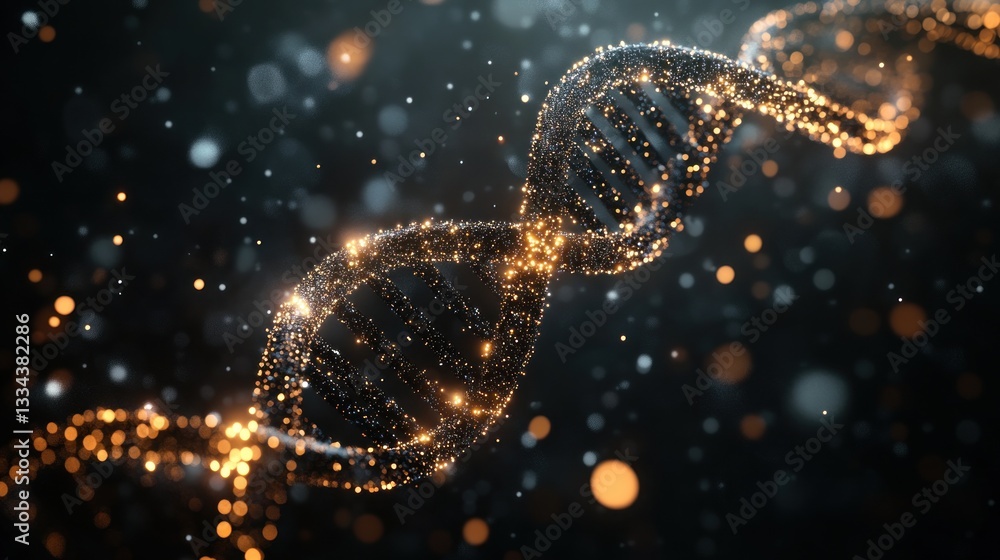 Poster glowing dna helix with sparkling particles in space