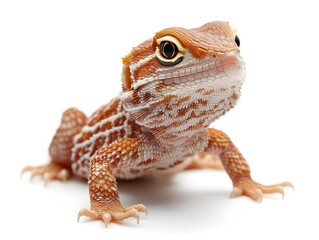Fototapeta premium A young, vibrant orange and white ed gecko poses against a clean white background showcasing its intricate patterns and textures.