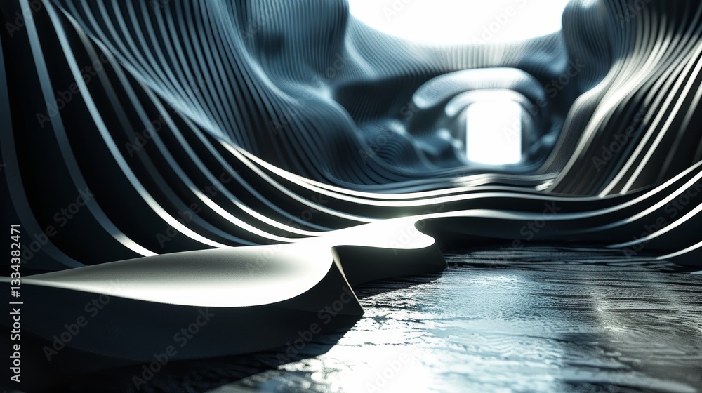 Poster abstract flowing architecture with liquid floor and bright background displaying futuristic organic 