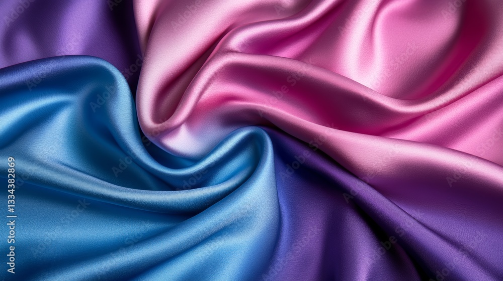 Poster abstract flowing silk fabric background with a soft interplay of blue, pink, and purple hues in dyna