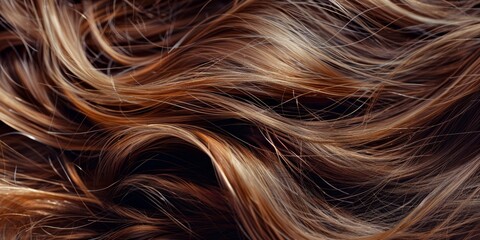 Naklejka premium Abstract flowing strands of soft light brown and blonde hair create a luxurious and textured background with elegant highlights and shadows.