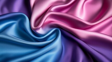 Obraz premium Abstract flowing silk fabric background with a soft interplay of blue, pink, and purple hues in dynamic motion, creating depth and visual interest