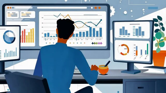 Analyzing Data on Multiple Computer Screens in Modern Office Business Analytics with Charts, Graphs, and Data Driven Decision Making in Professional Setting