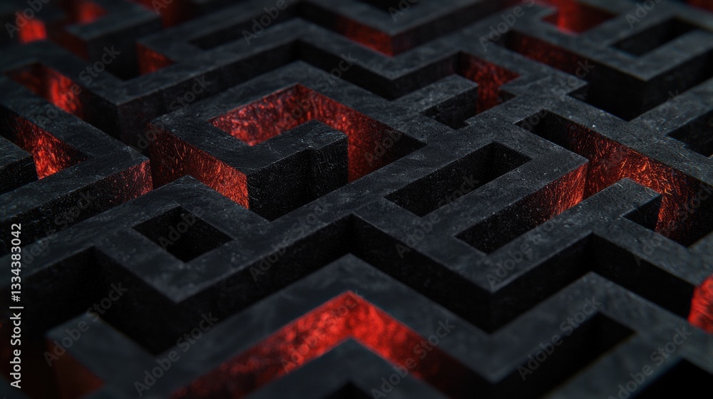 Poster a 3d rendering of a maze with red light at the center.