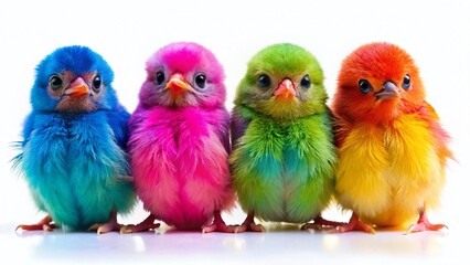 Naklejka premium Adorable Baby Birds in a Row, Vibrant Feathers, White Background Stock Photo