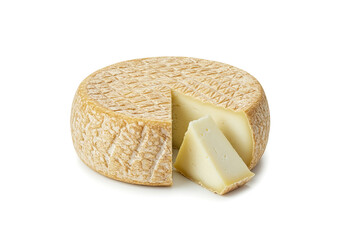 A whole round block of traditional Turkish deri tulum cheese, encased in animal skin for aging, showcasing its creamy interior and rustic artisan preparation.