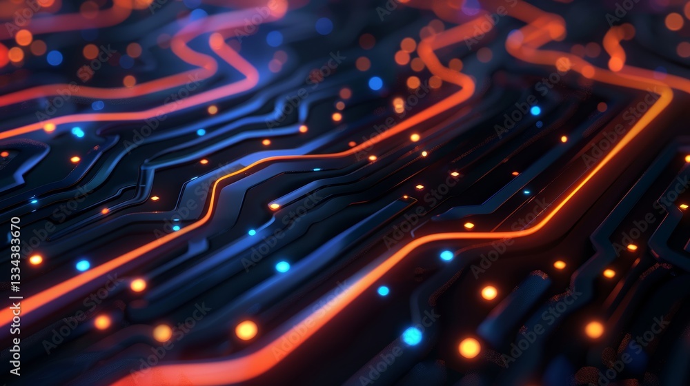 Aufkleber abstract futuristic circuit board with glowing orange and blue lines and dots, creating a technologi