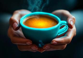 Hands holding burning aromatic coffee, turquoise neon neutral background.
