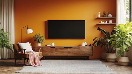 Cozy living room with warm orange walls, a large TV, and lush greenery. A stylish, inviting space with layered textures and soft light