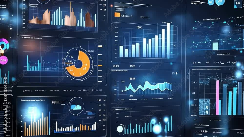 Poster futuristic data analysis dashboard featuring graphs, charts, and insights for advanced technology tr