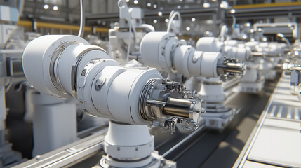 An automated welding robot in action within an industrial environment, concentrating on its precision movements under soft overhead light with an aperture of f/5.6.