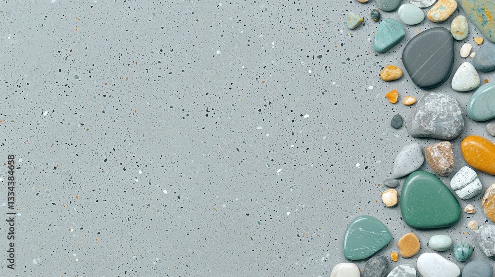 Poster a collection of rocks and stones in various colors and shapes arranged in a diagonal line.