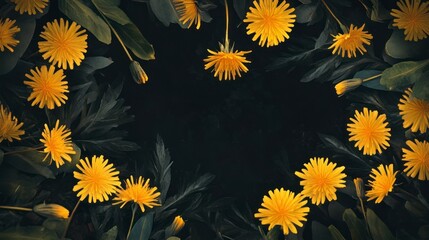 Dandelion Flowers Blooming Arrangement with Dark Foliage Background for Creative Projects