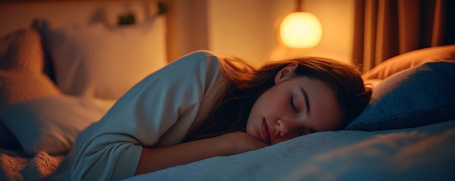 A young person sleeping peacefully in a softly lit bedroom