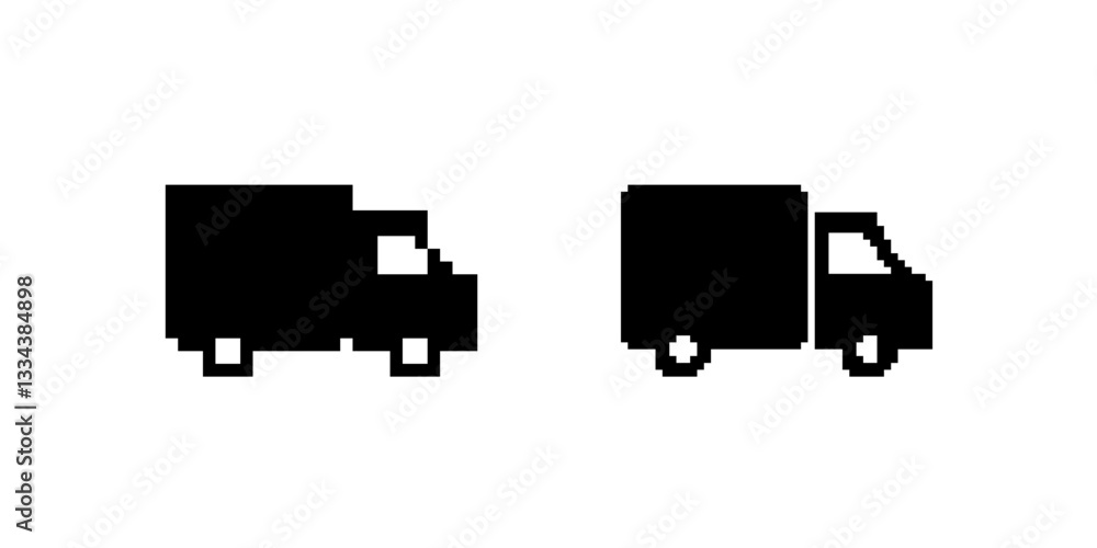 Poster black pixel art trucks capture a retro charm with side and front views, designed in a simple style.