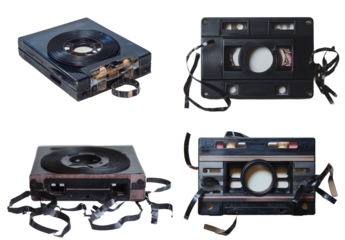 Collection of vintage damaged audio and video magnetic tapes cartridges reels isolated with Transparent Background