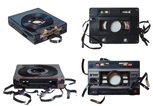 Collection of vintage damaged audio and video magnetic tapes cartridges reels isolated with Transparent Background