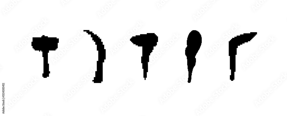 Poster five distinct black silhouettes show abstract shapes, each unique and aligned horizontally in a row.