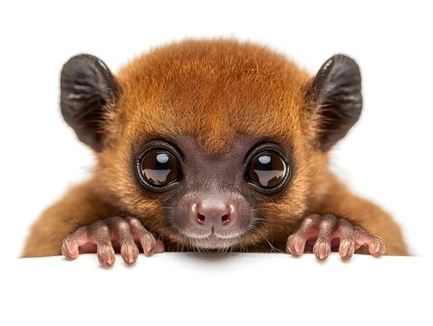 An adorable baby aye-aye lemur with large eyes peeks over a white background showcasing its fluffy brown fur and tiny claws.