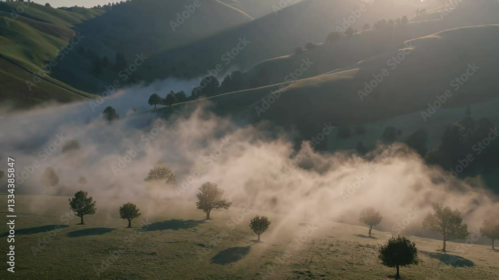 Poster rolling hills with morning mist and trees illuminated by soft sunlight. serene landscape view.