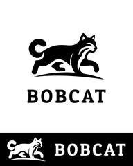 A sleek black and white vector logo of a bobcat, featuring a dynamic and modern feline silhouette