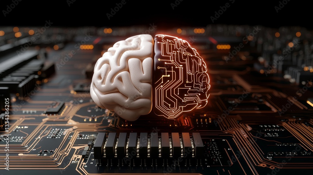 Aufkleber The concept of big data and stocks. A human brain illuminated by a processor, representing the integration of human intelligence with machine learning. The progression of data technology.