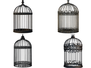 Collection of Four Elegant Ornate Black Metal Birdcages isolated with Transparent Background