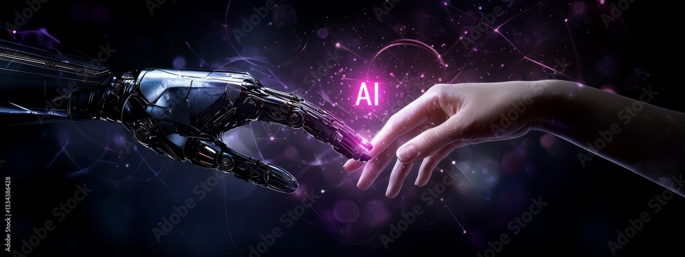 Aufkleber AI and machine learning, with robotic and human hands touching a big data network, facilitate data exchange, deep learning, and futuristic innovation in science and technology.