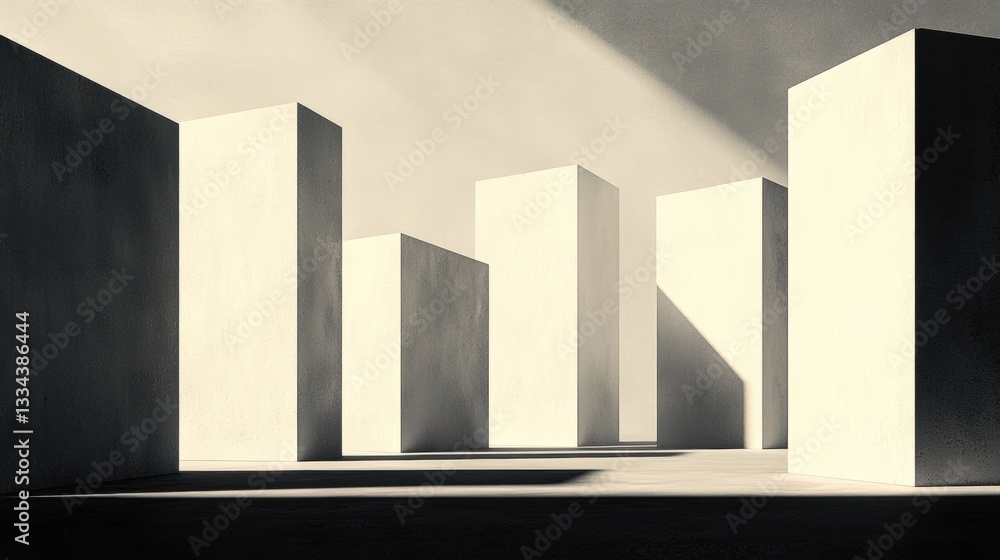 Poster a minimalist architectural scene with a series of white rectangular pillars and a black floor.