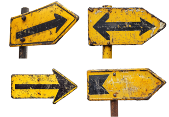 Collection of Old Rusty Yellow Arrow Signs Pointing in Different Directions isolated with Transparent Background