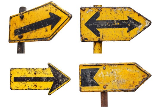 Collection of Old Rusty Yellow Arrow Signs Pointing in Different Directions isolated with Transparent Background