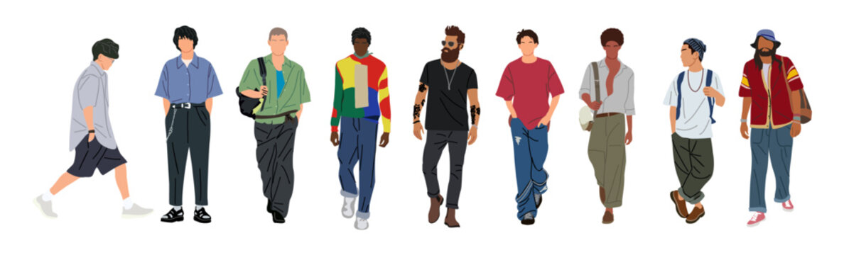 Street fashion men vector illustration. Different men wearing trendy modern street style summer outfit standing and walking. Cartoon style vector realistic illustration isolated on white background