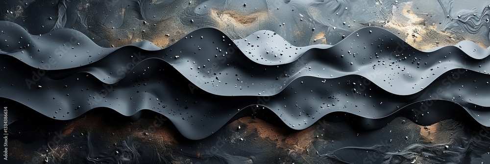 Poster abstract gray undulating layers with water drops, creating a serene and modern visual harmony agains