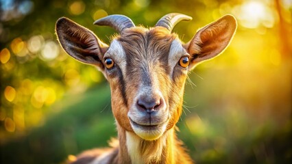 Fototapeta premium Adorable Domestic Goat Portrait: Fluffy Brown Goat Close-Up