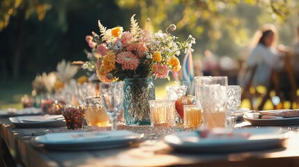 Outdoor Party Table Setup With Floral Centerpiece And Elegant Glassware