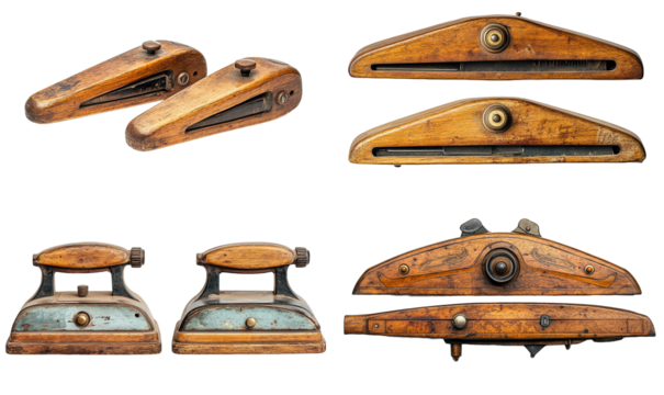 Collection of Antique Wooden and Metal Tools and Implements isolated with Transparent Background