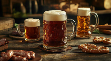 "Beer, Pretzels, and Sausages on a Rustic Table"