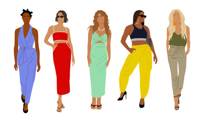 Obraz premium Set of different Modern women. Vector realistic illustration of diverse multiracial standing cartoon girls in summer street fashion casual outfits. Isolated on white background.