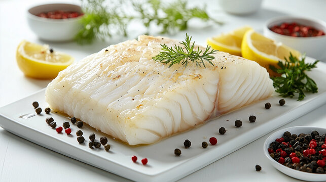  cod fillet on a white plate, Fish dish, grilled or fried fish fillet