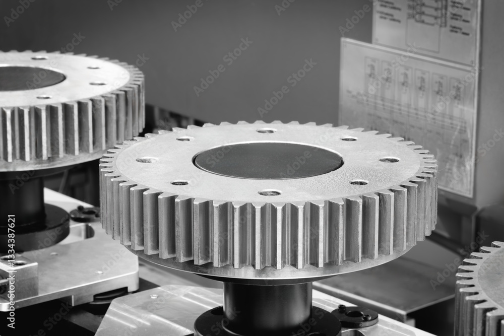 Poster gears are shown in close up, one of which is missing a tooth. concept of precision and engineering, 