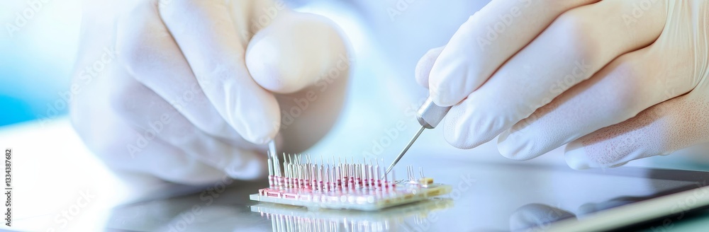 Leinwandbilder a close-up of a laptop circuit board. a technician uses a welding machine to solder a microchip. a p